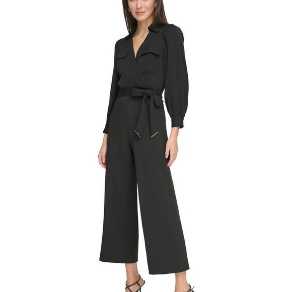 DKNY Women's Collared Tie-Waist Long-Sleeve Jumpsuit Black 2 NWT - Picture 2 of 16
